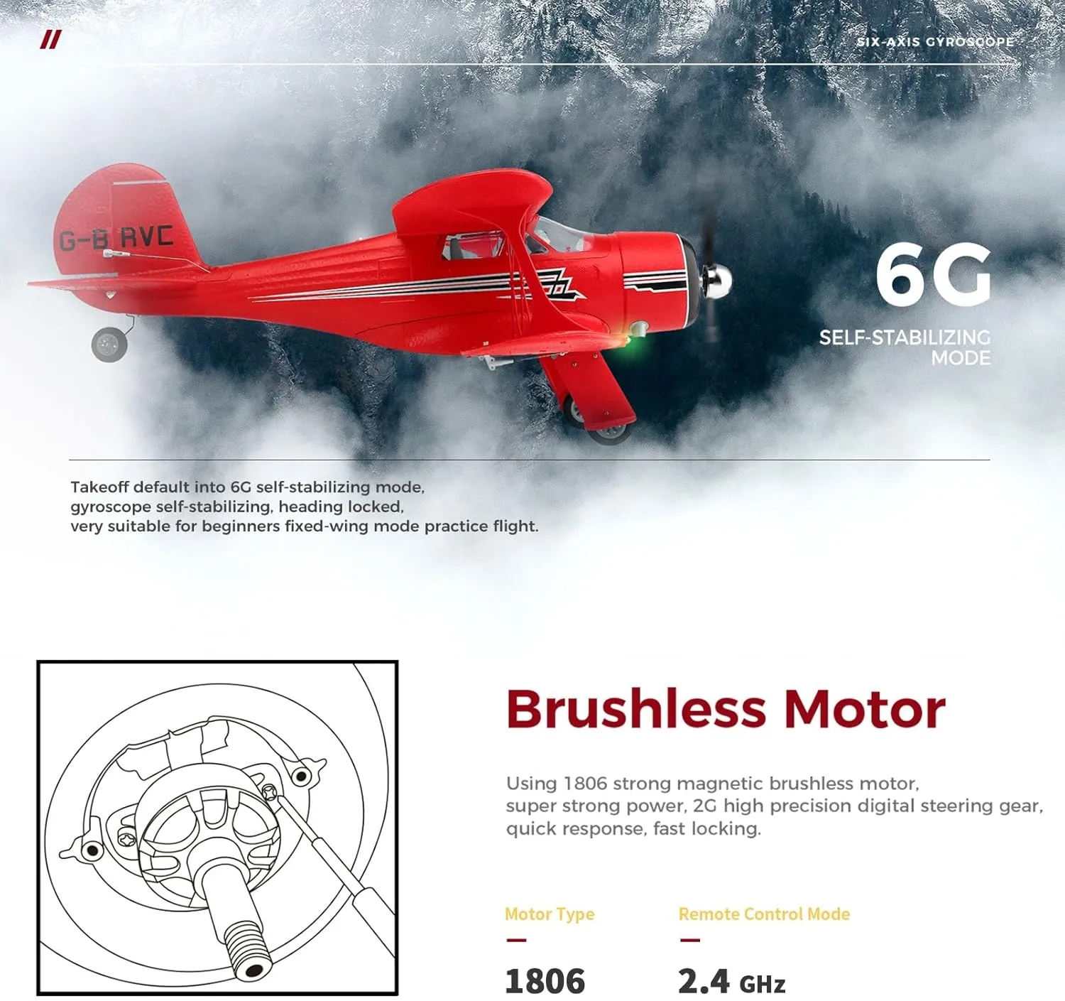 WLtoys A300 RC Plane, 1806 Brushless Motor 6-axis Gyro Stabilizer RTF Glider Remote Control Plane 2.4GHz Gliding Foam RC Plane Toys with Led Light Easy to Fly for Adults Kids Beginners Boys