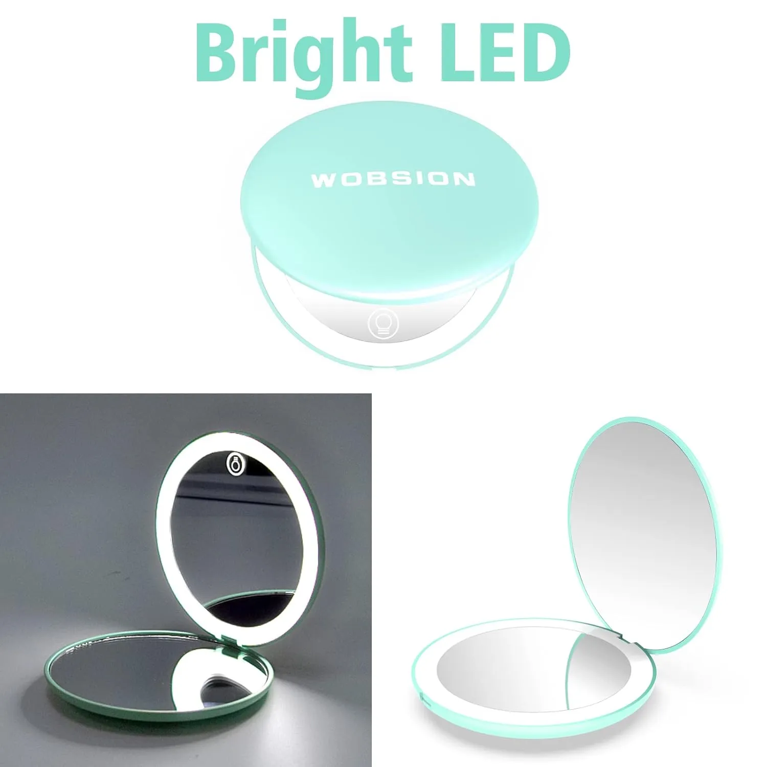 wobsion Travel Mirror with Light, Rechargeable 1x/10x Compact Magnifying Mirror, Dimmable Pocket Mirror,3.5inch Travel Size,Portable for Handbag,Purse,Gift,Cyan