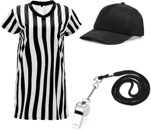 Women's Referee Bundle Include V Neck Officials Striped Jersey Shirt Umpire Hat, Stainless Steel Pea Whistle