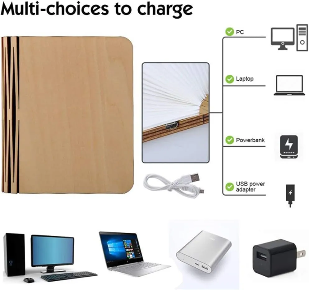 Wooden Book Light Folding Night Light Portable Book Lamp USB Rechargeable Desk Light for Mom Women Boys Kids Girls
