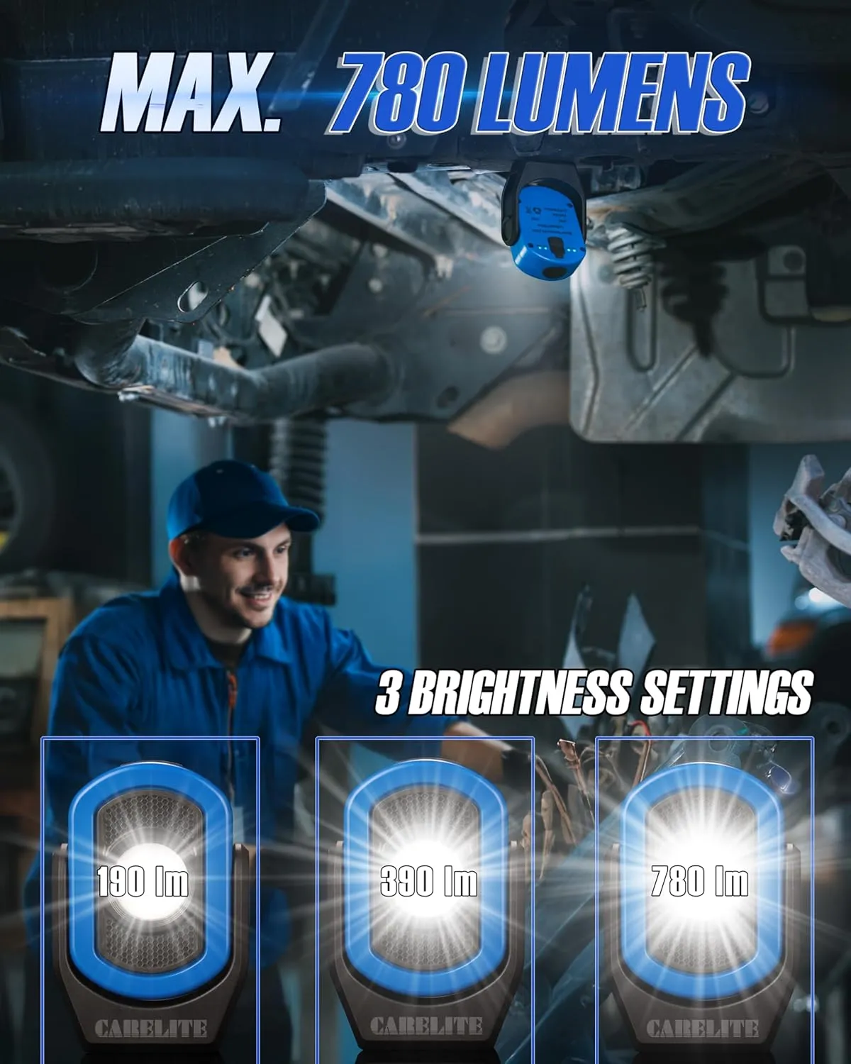 Work Light, Magnetic Light with 3 Modes & 360° Pivoting Head, 780 Lumen Rechargeable Pocket Light for Mechanics, Jobsites and Emergency (Blue)