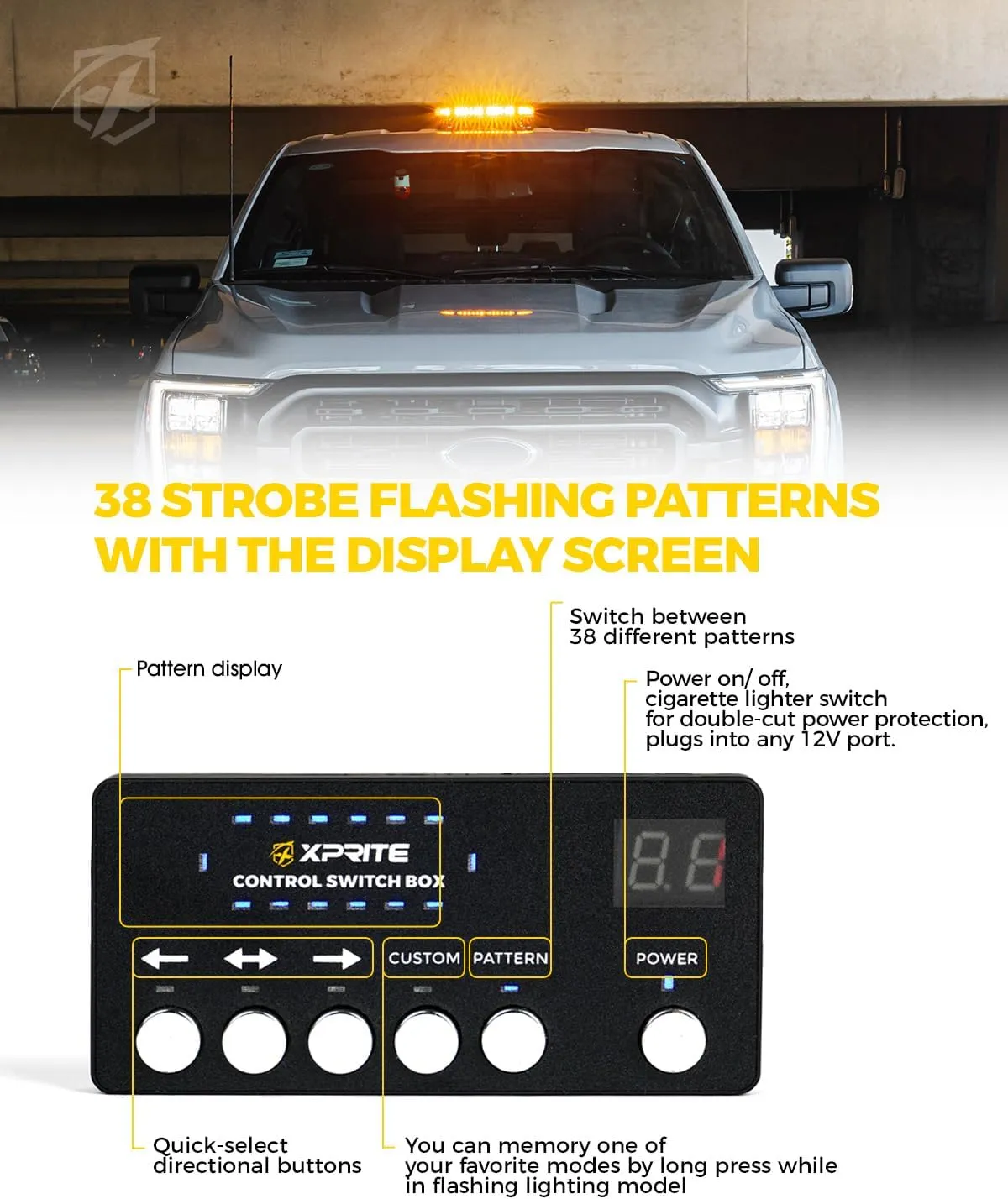 Xprite Amber Rooftop Emergency Strobe Light Bar, Beacon Safety Flashing Warnin Lights w/Control Panel Magnetic Base for Construction Trucks Plows Postal Security Cars
