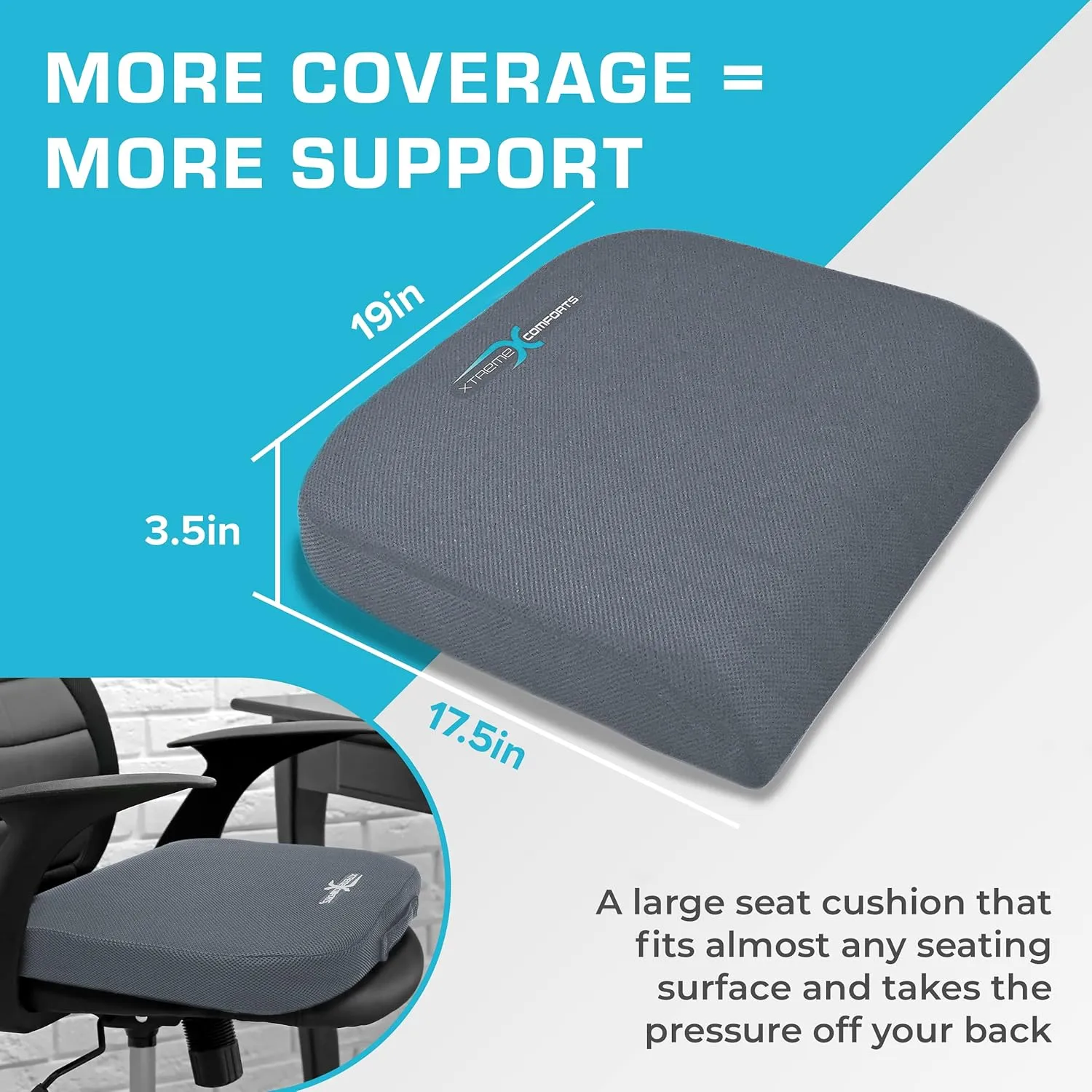 Xtreme Comforts Seat Cushion, Office Chair Cushions - Pack of 1 Padded Foam Cushion w/Handle for Desk, Wheelchair & Car Use - Back Support Pillow for Chair ﻿- Travel Bag Included (Dark Grey)