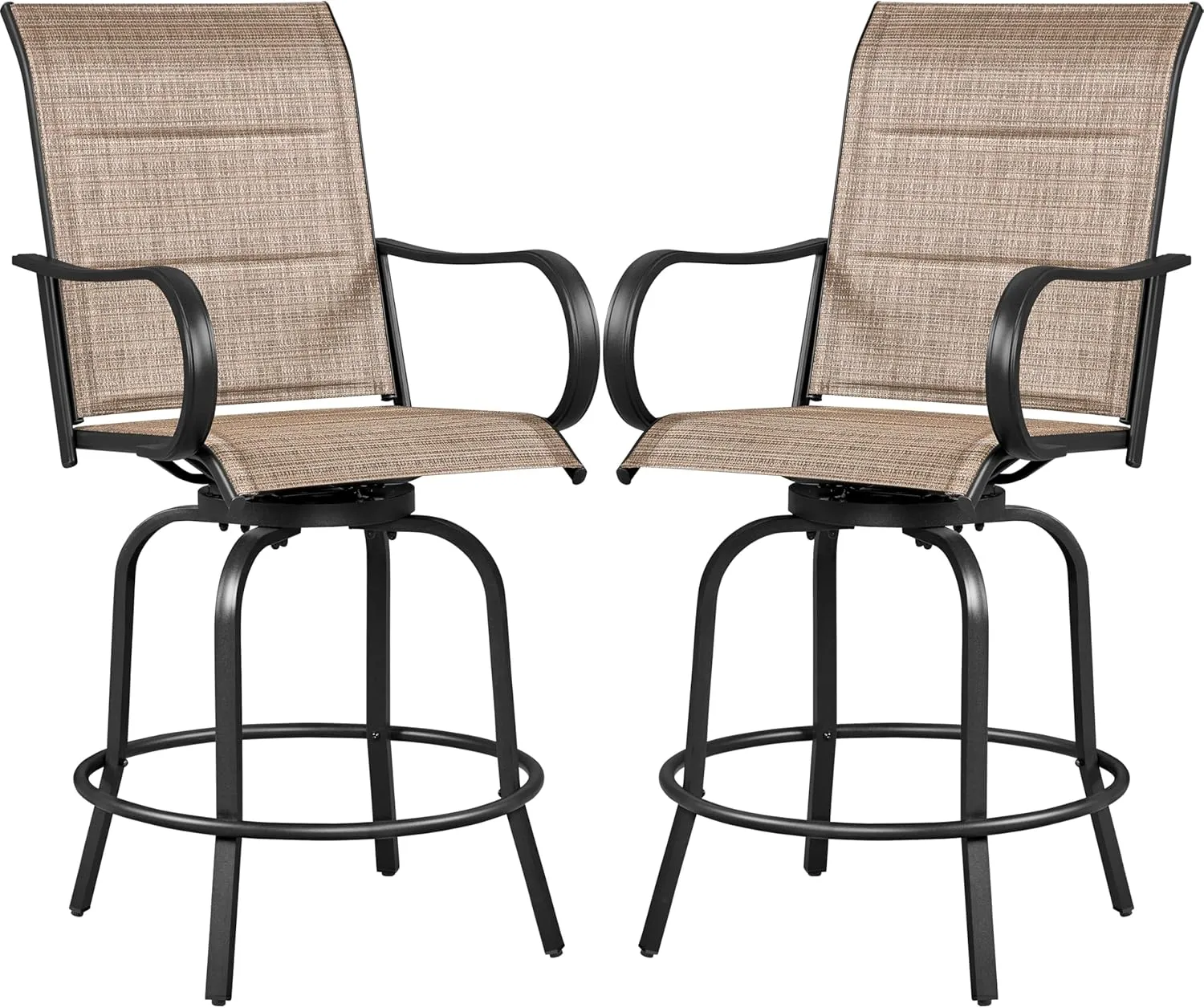 Yaheetech 2 Piece Patio Swivel Bar Stools Texteline Bistro Chairs with High Back/Armrest/Footrest, All Weather Padded Seating Outdoor Furniture Chairs for Outside, Lawn & Garden, Black/Brown