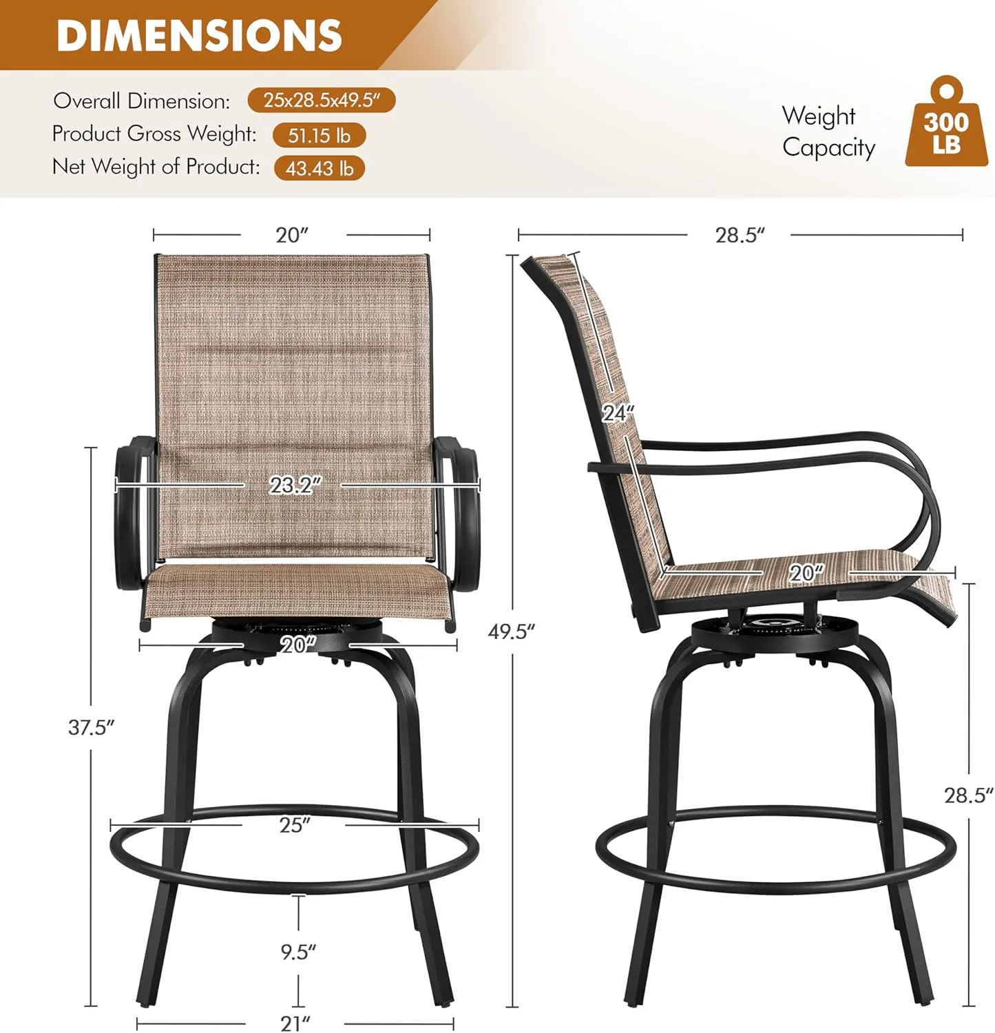 Yaheetech 2 Piece Patio Swivel Bar Stools Texteline Bistro Chairs with High Back/Armrest/Footrest, All Weather Padded Seating Outdoor Furniture Chairs for Outside, Lawn & Garden, Black/Brown