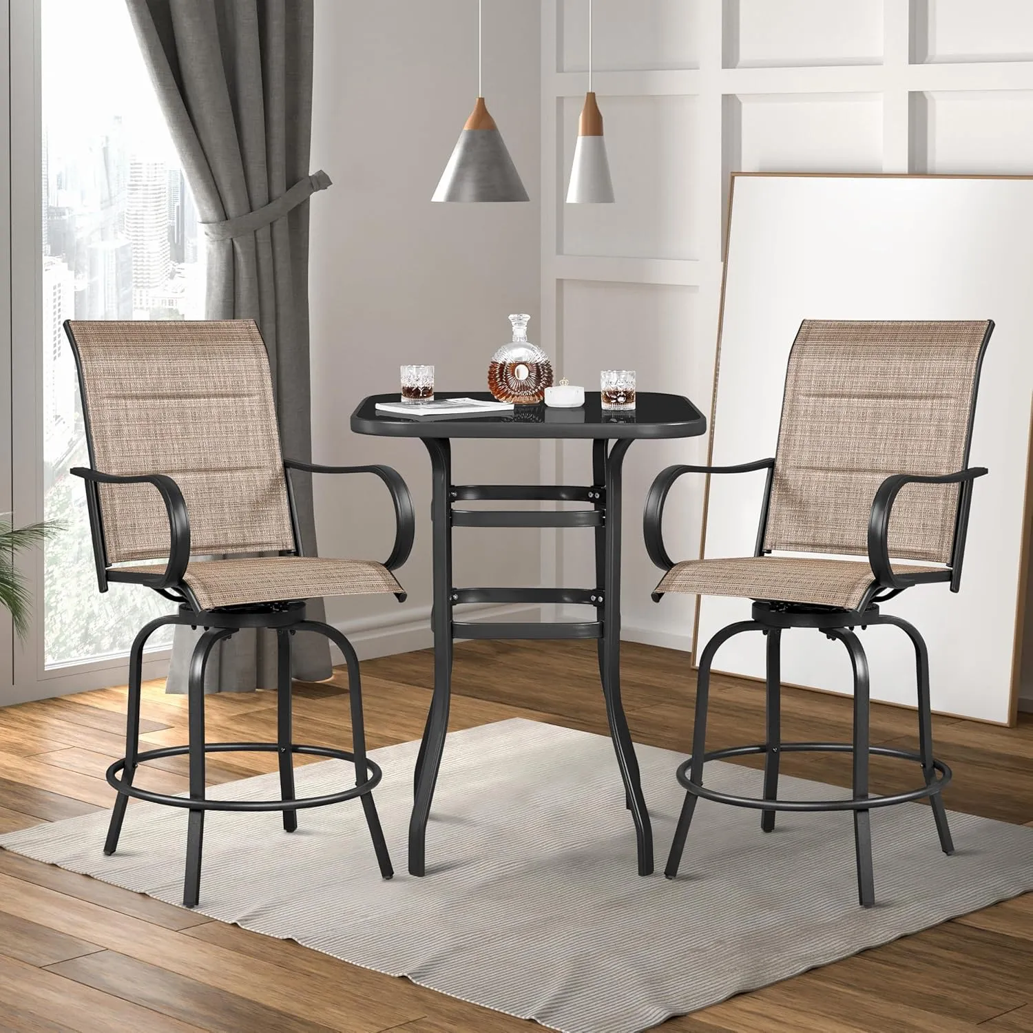 Yaheetech 2 Piece Patio Swivel Bar Stools Texteline Bistro Chairs with High Back/Armrest/Footrest, All Weather Padded Seating Outdoor Furniture Chairs for Outside, Lawn & Garden, Black/Brown