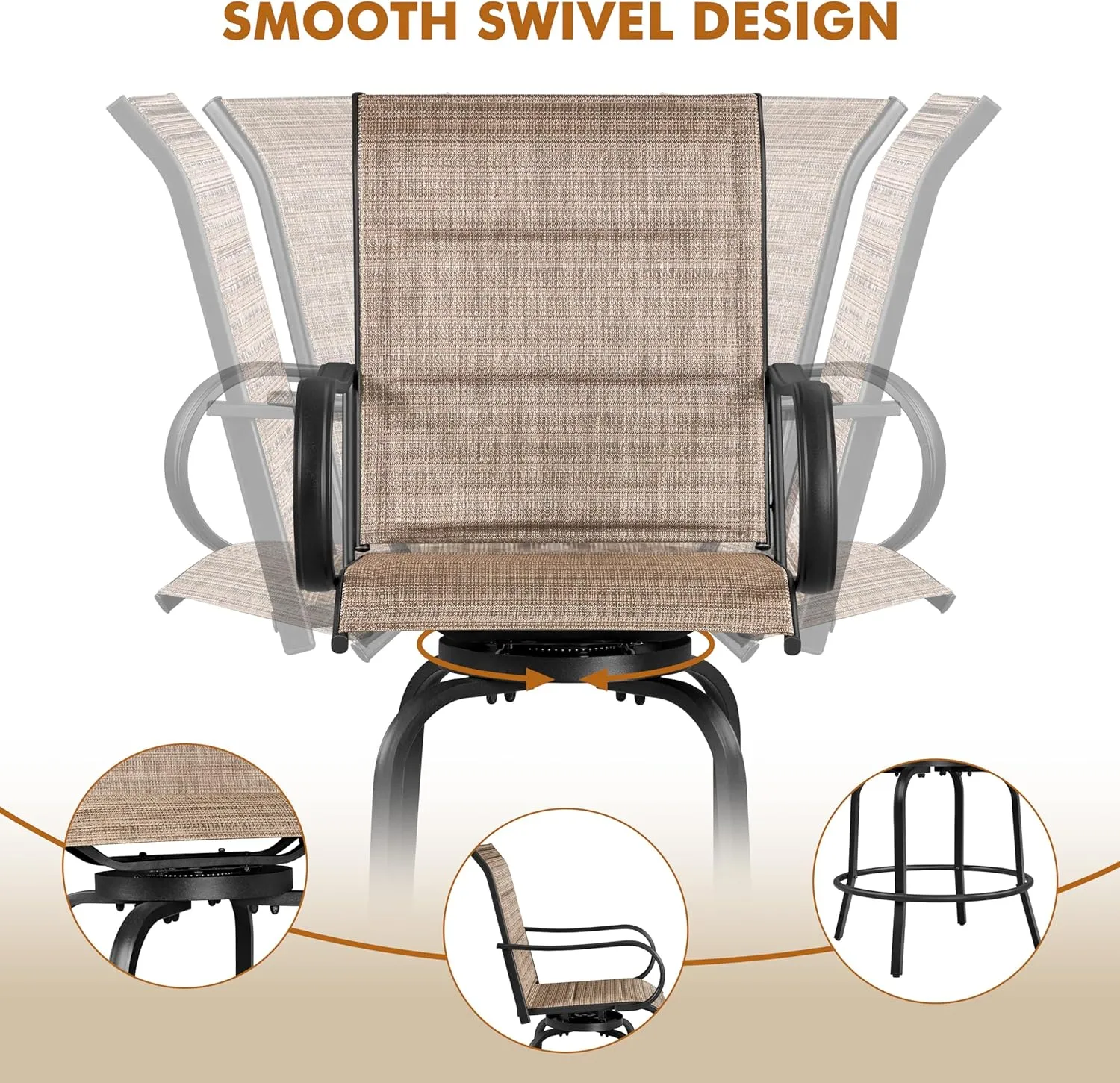 Yaheetech 2 Piece Patio Swivel Bar Stools Texteline Bistro Chairs with High Back/Armrest/Footrest, All Weather Padded Seating Outdoor Furniture Chairs for Outside, Lawn & Garden, Black/Brown