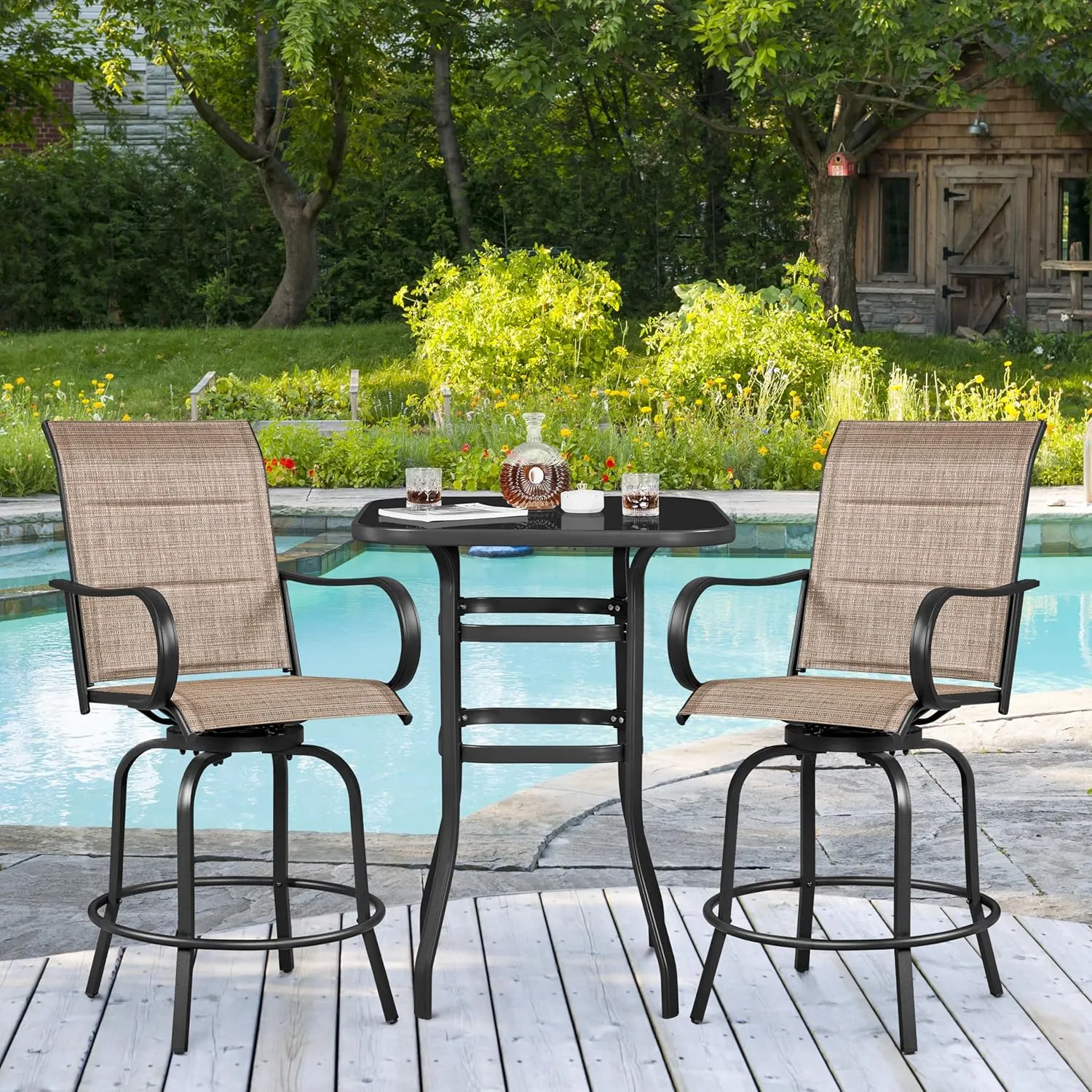 Yaheetech 2 Piece Patio Swivel Bar Stools Texteline Bistro Chairs with High Back/Armrest/Footrest, All Weather Padded Seating Outdoor Furniture Chairs for Outside, Lawn & Garden, Black/Brown