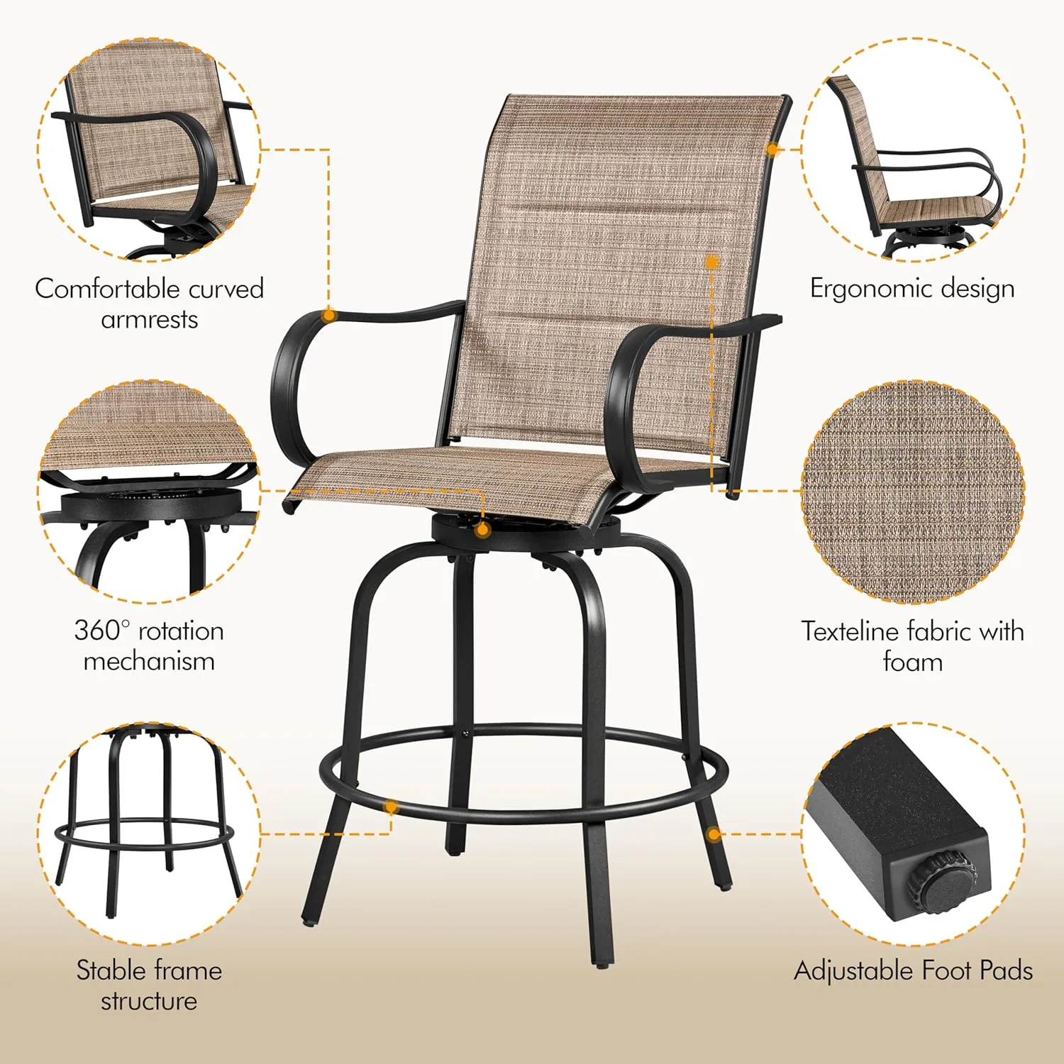 Yaheetech 2 Piece Patio Swivel Bar Stools Texteline Bistro Chairs with High Back/Armrest/Footrest, All Weather Padded Seating Outdoor Furniture Chairs for Outside, Lawn & Garden, Black/Brown