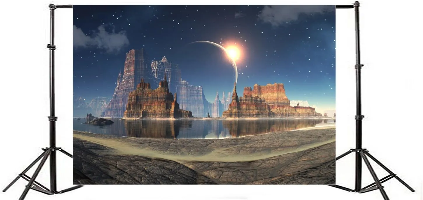Yeele 7x5ft Mirage Solar Eclipse Photography Backdrops Science Fiction Future Mountain Water Planet Photo Background Vinyl Universe Space Baby Girls Student Portraits Video Photo Shoot Studio Props