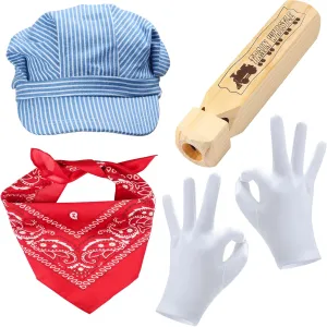 Yewong Conductors Costume Set - Engineer Cap, Wooden Train Whistle, Paisley Bandanna for Halloween and Train Party Favors