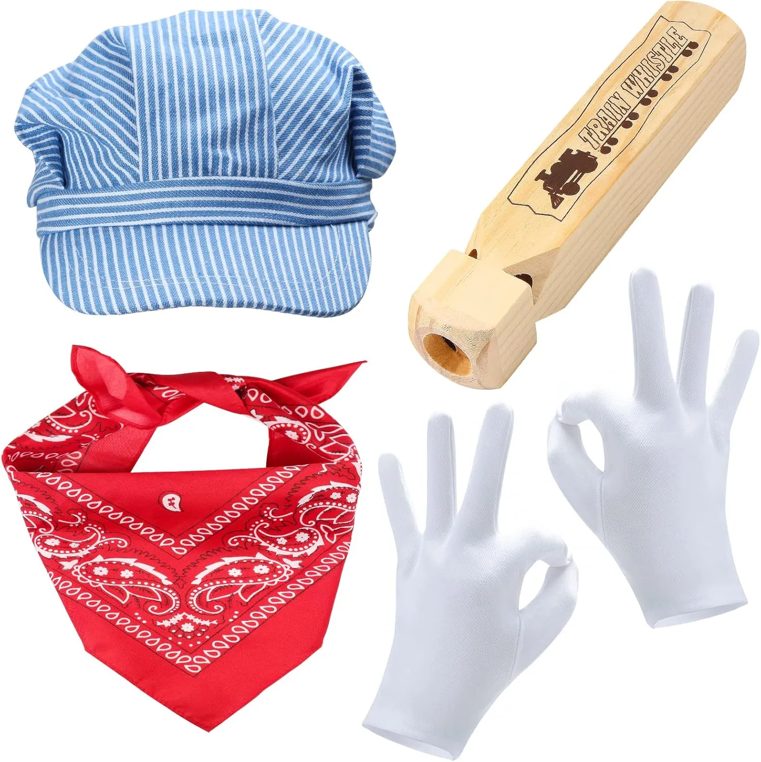 Yewong Conductors Costume Set - Engineer Cap, Wooden Train Whistle, Paisley Bandanna for Halloween and Train Party Favors