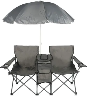 YILI Double Folding Camping Chairs, Portable Camping Chairs w/Removable Umbrella Mini Table Cooler Bag, Outdoor Picnic Double Folding loveseat Camp Chairs for Beach Patio Pool Park (Grey)