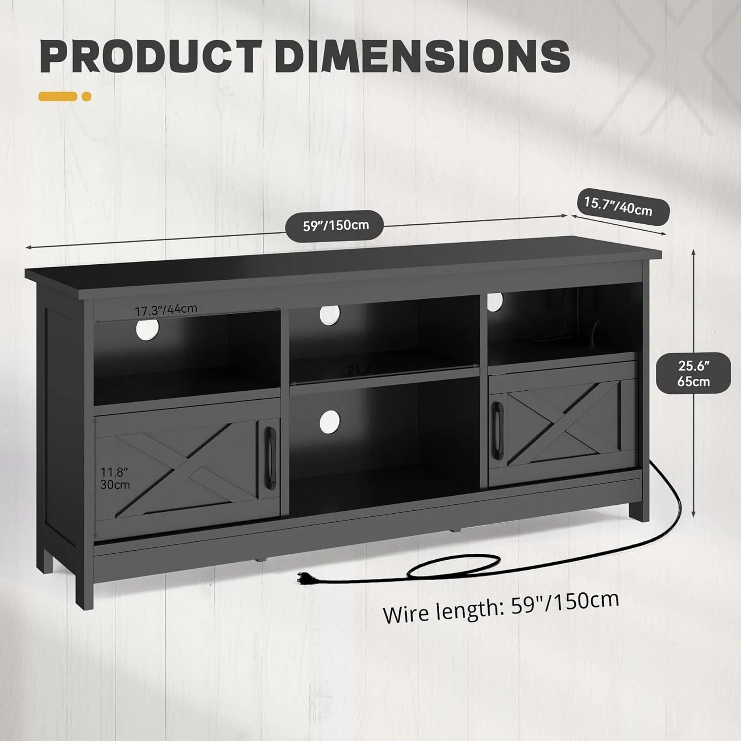 YITAHOME TV Stand for 65 Inch TVs, Entertainment Center with Storage Cabinets, Power Outlet & LED Light, Media Console Living Room Furniture, Black