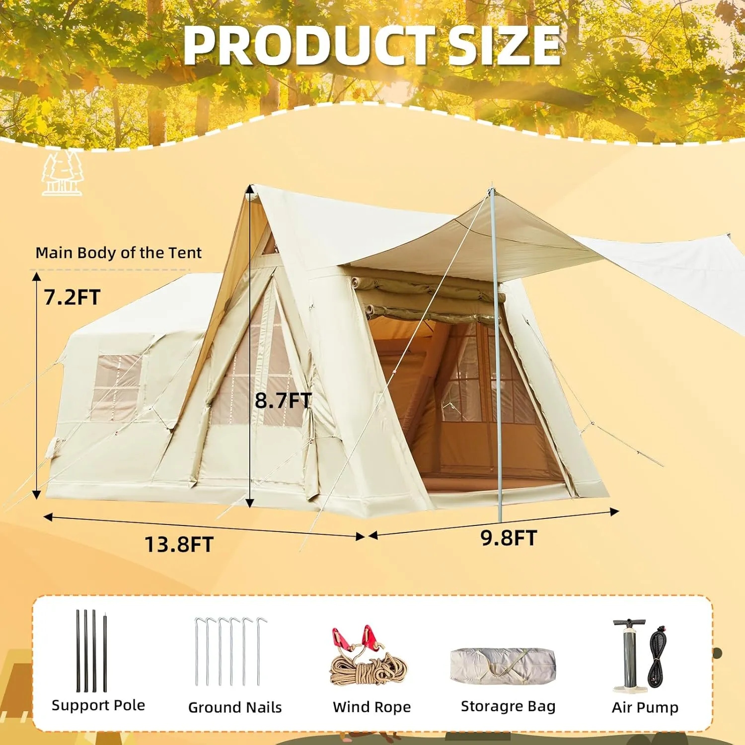 Yoleny 4/6/8/10/12 Person Inflatable Camping Tent with Extended Canopy, Mesh Windows & Pump, 4 Season Glamping Tent with 1-2 Room, Upgraded Waterproof Oxford, Easy Setup