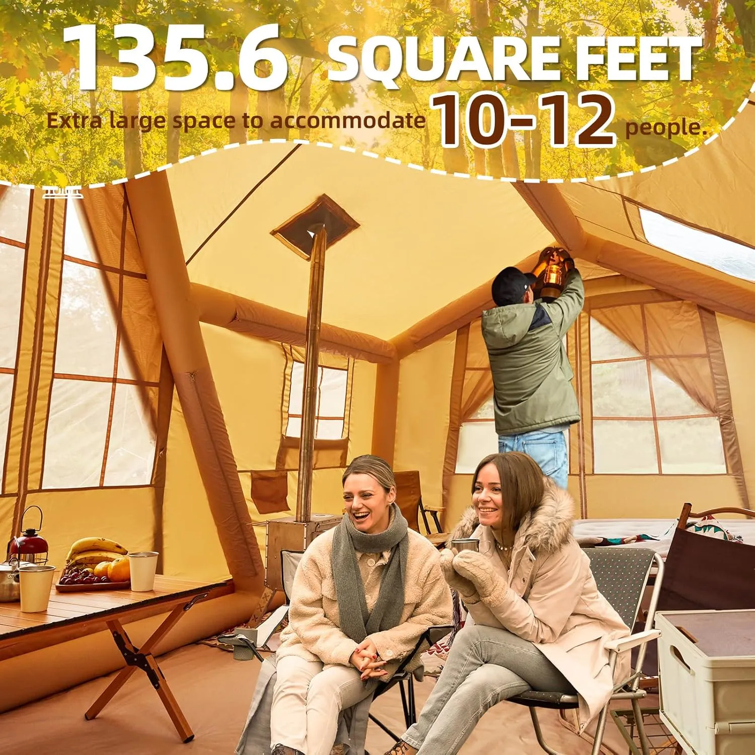 Yoleny 4/6/8/10/12 Person Inflatable Camping Tent with Extended Canopy, Mesh Windows & Pump, 4 Season Glamping Tent with 1-2 Room, Upgraded Waterproof Oxford, Easy Setup