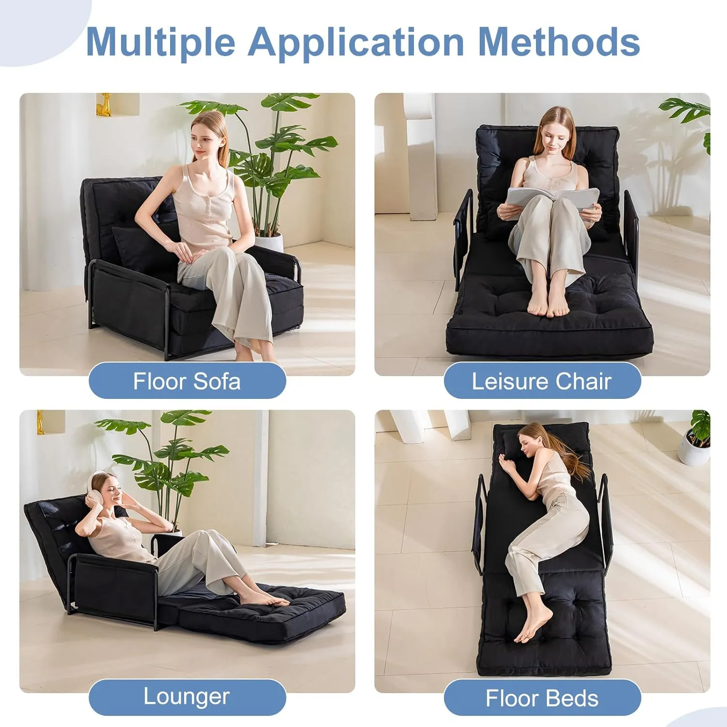 YOSHOOT Adjustable Lazy Floor Sofa, Folding Couch Bed with 5 Positions Adjustable Backrest, Convertible Bean Bag Sofa Bed Couch Foldable Sleeper Chair with Pillow for Reading Gaming（Black, Single）