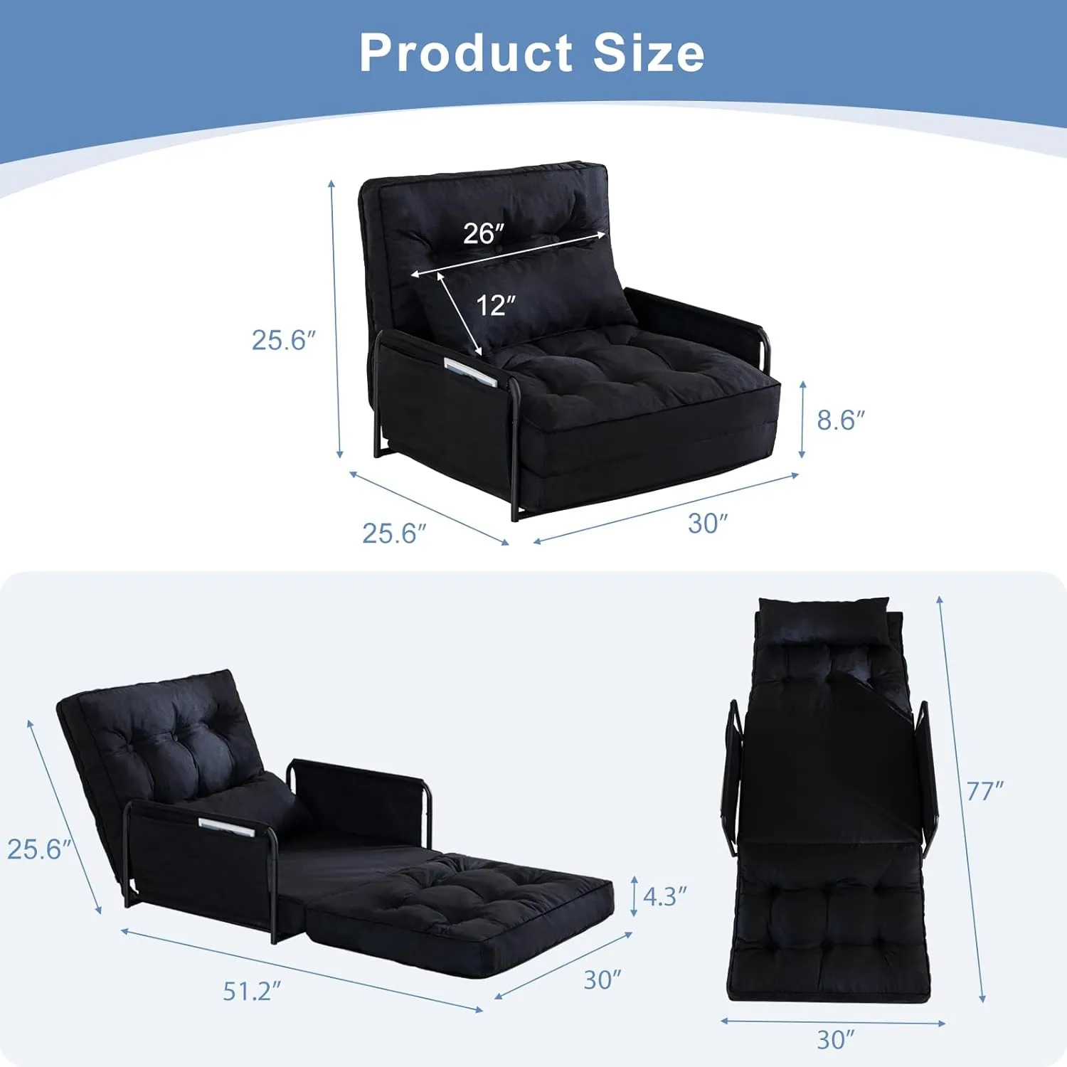 YOSHOOT Adjustable Lazy Floor Sofa, Folding Couch Bed with 5 Positions Adjustable Backrest, Convertible Bean Bag Sofa Bed Couch Foldable Sleeper Chair with Pillow for Reading Gaming（Black, Single）