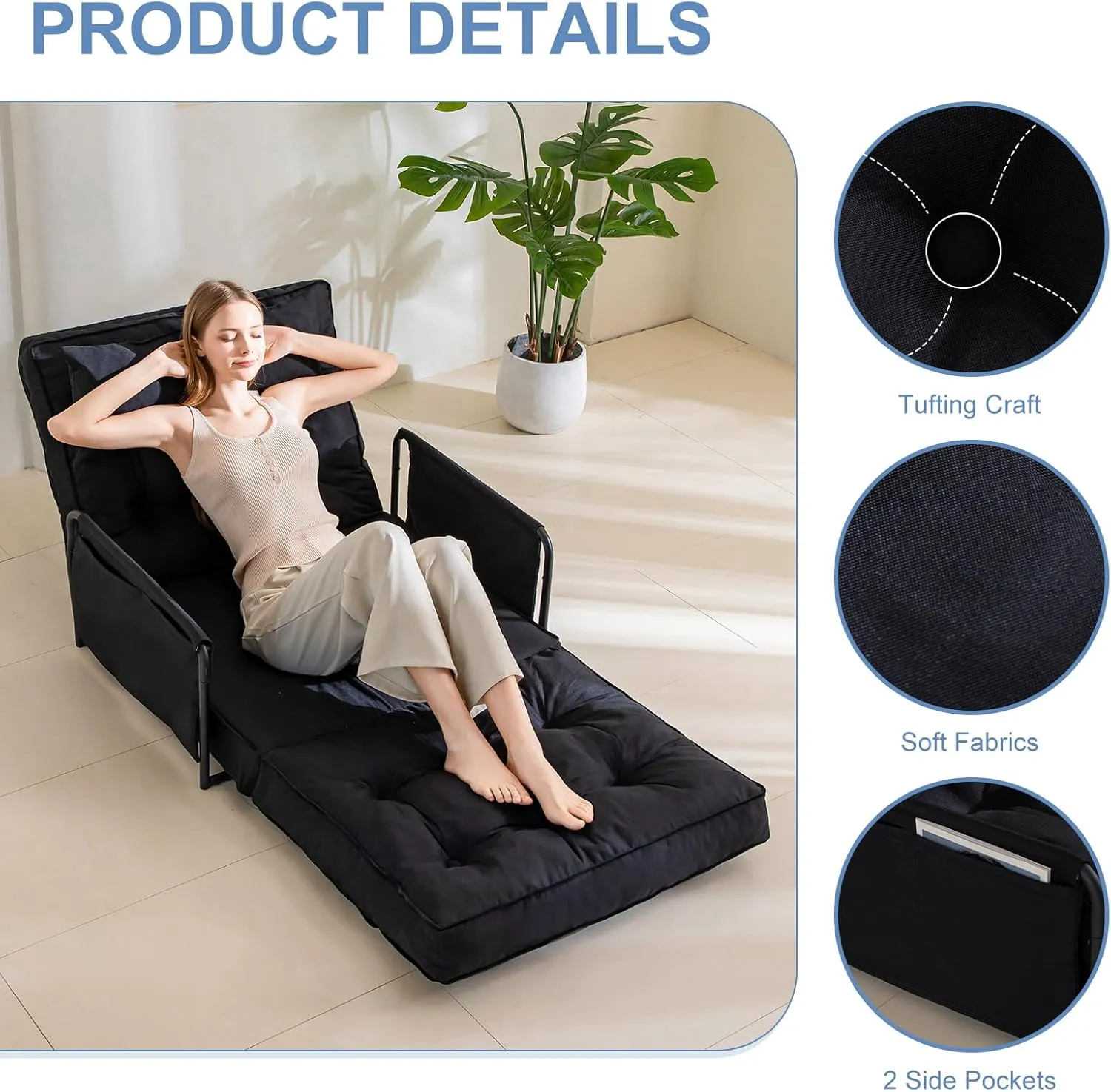 YOSHOOT Adjustable Lazy Floor Sofa, Folding Couch Bed with 5 Positions Adjustable Backrest, Convertible Bean Bag Sofa Bed Couch Foldable Sleeper Chair with Pillow for Reading Gaming（Black, Single）