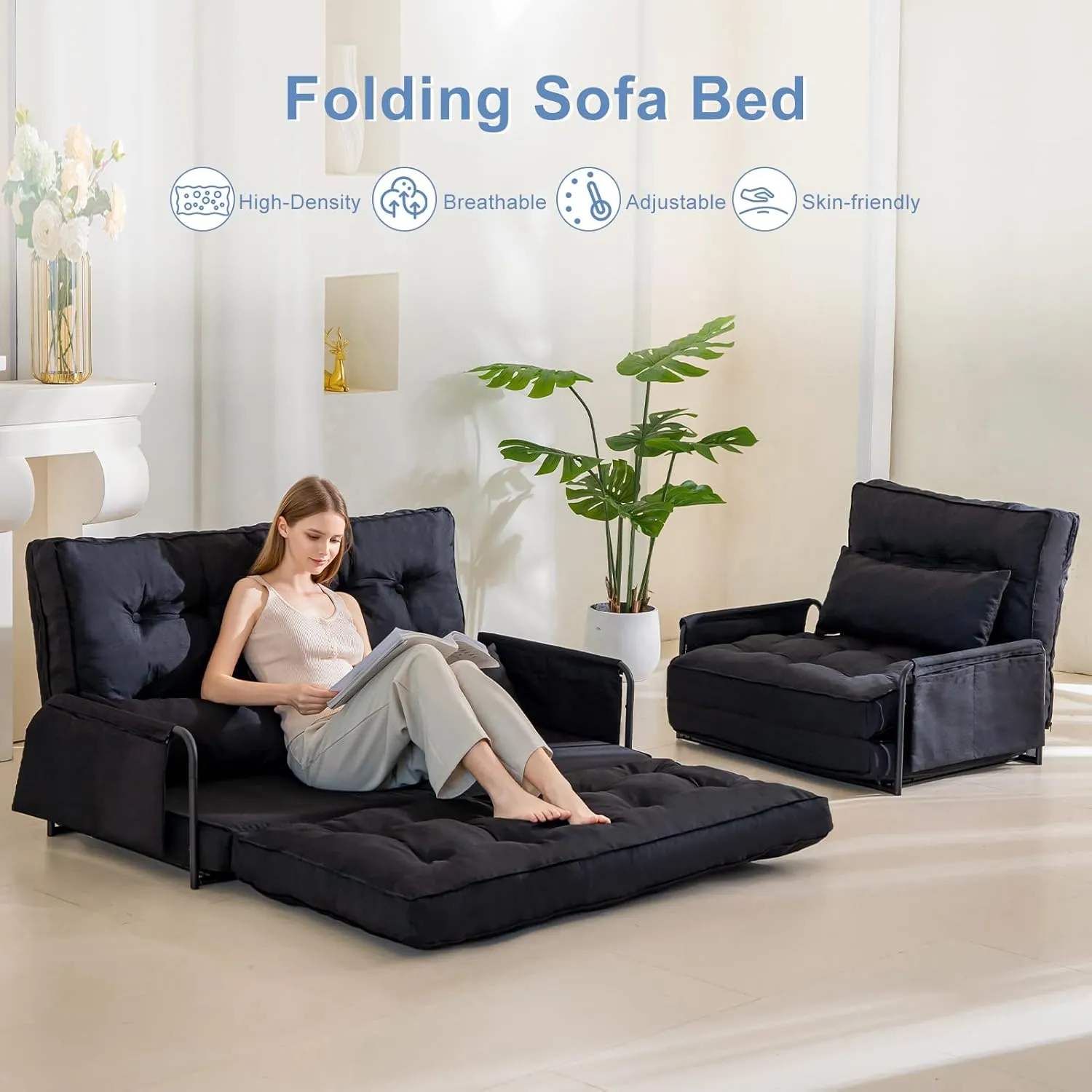 YOSHOOT Adjustable Lazy Floor Sofa, Folding Couch Bed with 5 Positions Adjustable Backrest, Convertible Bean Bag Sofa Bed Couch Foldable Sleeper Chair with Pillow for Reading Gaming（Black, Single）