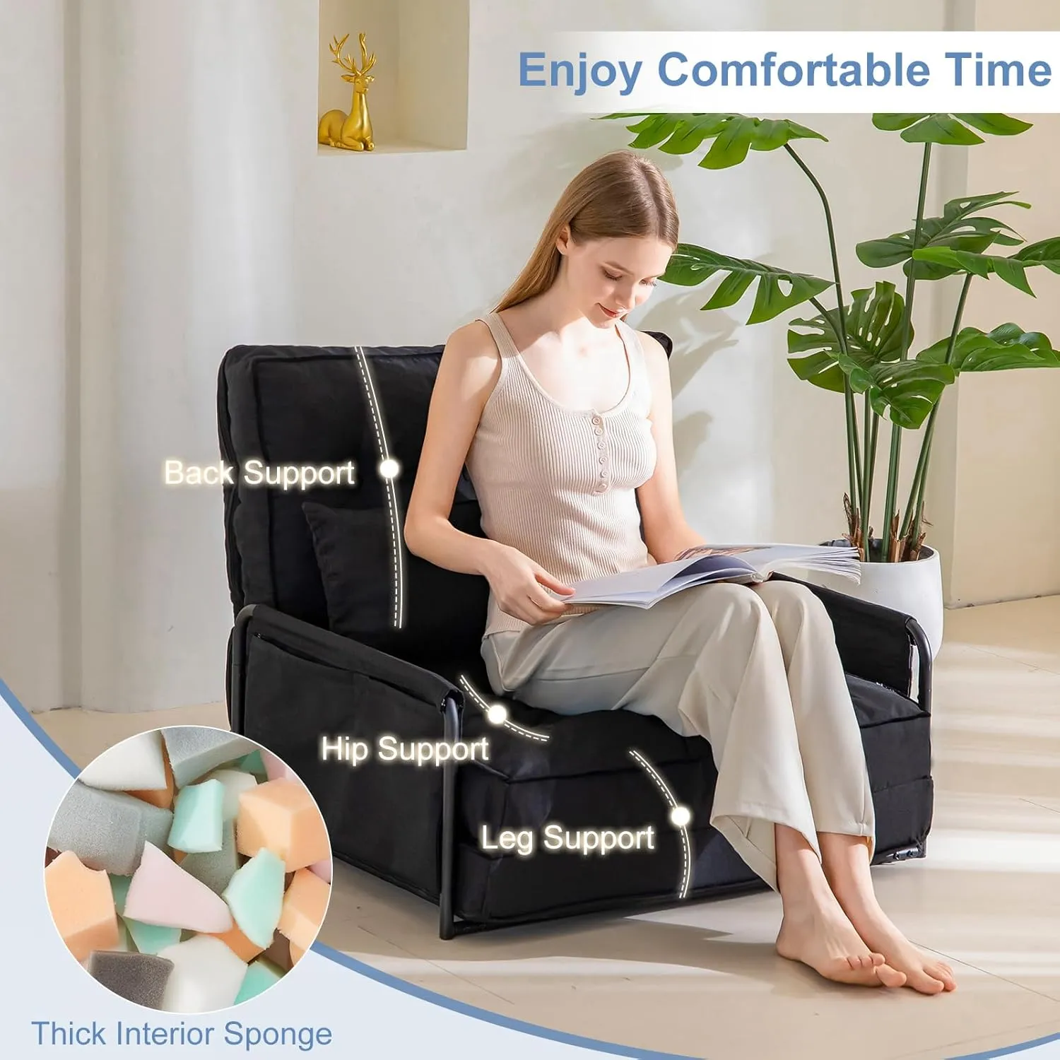 YOSHOOT Adjustable Lazy Floor Sofa, Folding Couch Bed with 5 Positions Adjustable Backrest, Convertible Bean Bag Sofa Bed Couch Foldable Sleeper Chair with Pillow for Reading Gaming（Black, Single）