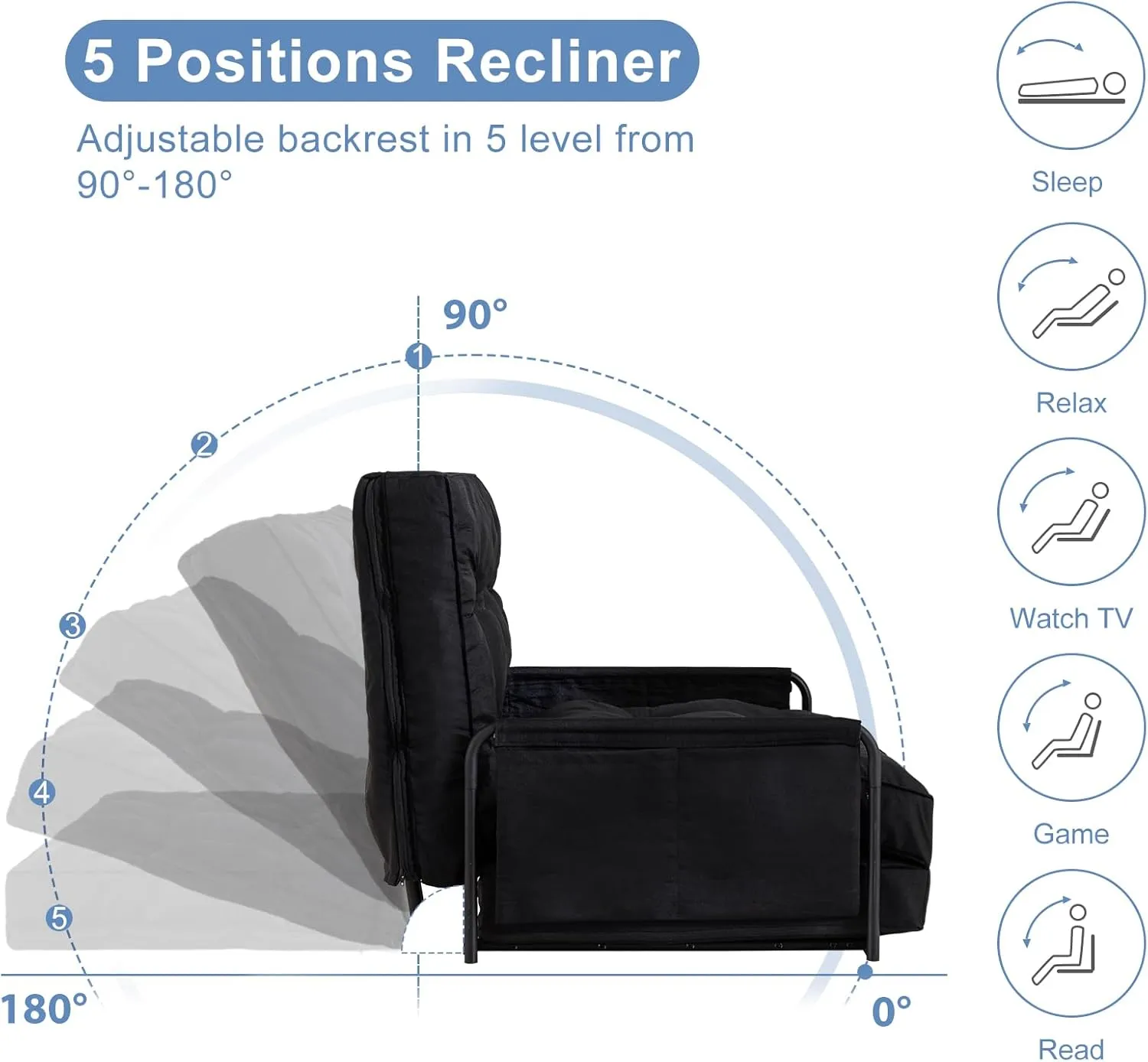 YOSHOOT Adjustable Lazy Floor Sofa, Folding Couch Bed with 5 Positions Adjustable Backrest, Convertible Bean Bag Sofa Bed Couch Foldable Sleeper Chair with Pillow for Reading Gaming（Black, Single）