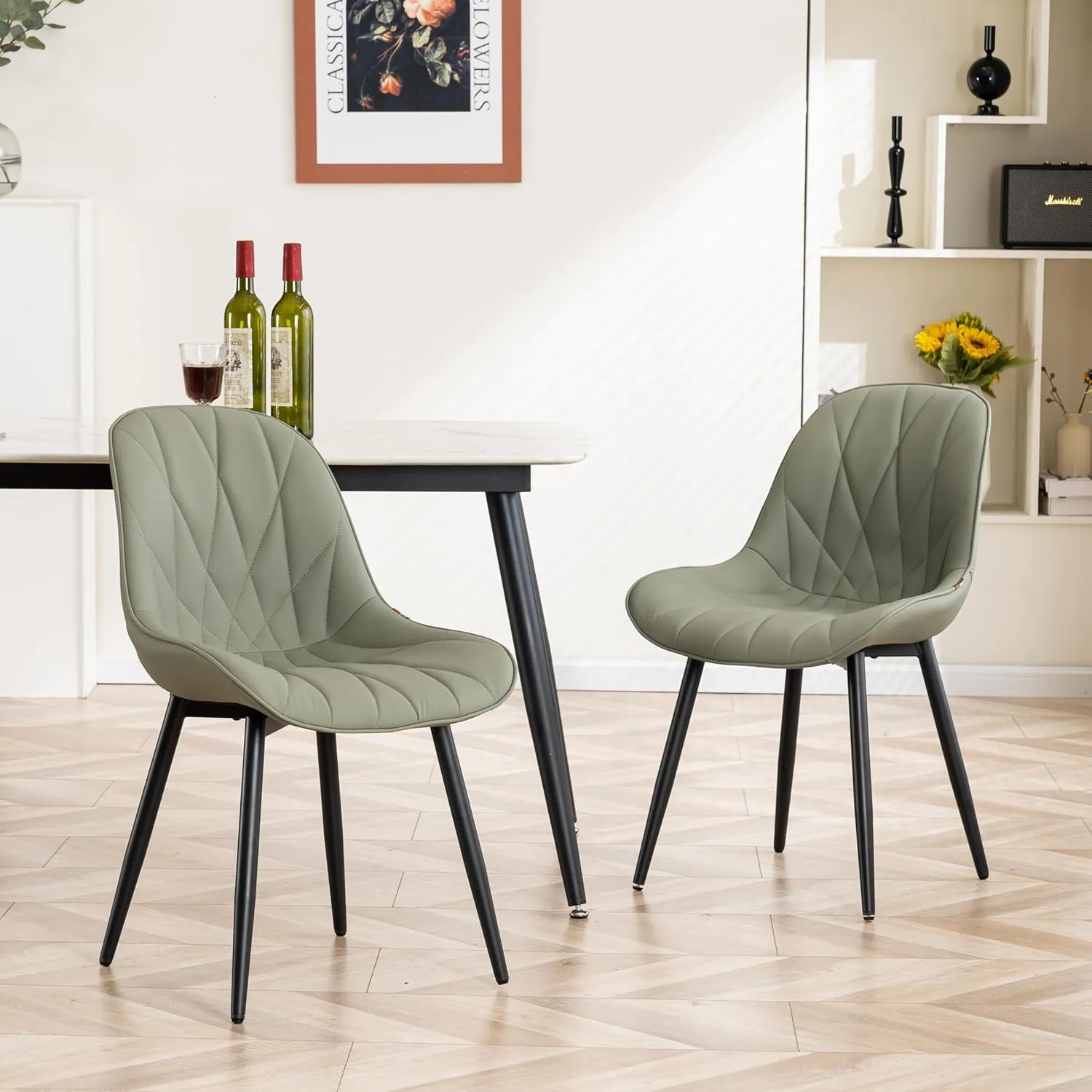YOUNIKE Dining Chairs Set of 2, Olive Green Comfy Padded Kitchen Chairs, Armless Modern Faux Leather Upholstered Dining Room Chairs, Easy to Clean
