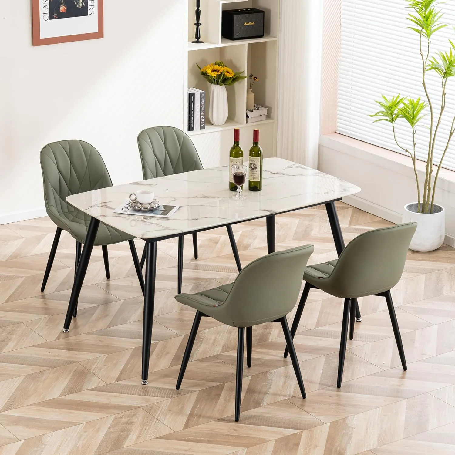 YOUNIKE Dining Chairs Set of 2, Olive Green Comfy Padded Kitchen Chairs, Armless Modern Faux Leather Upholstered Dining Room Chairs, Easy to Clean