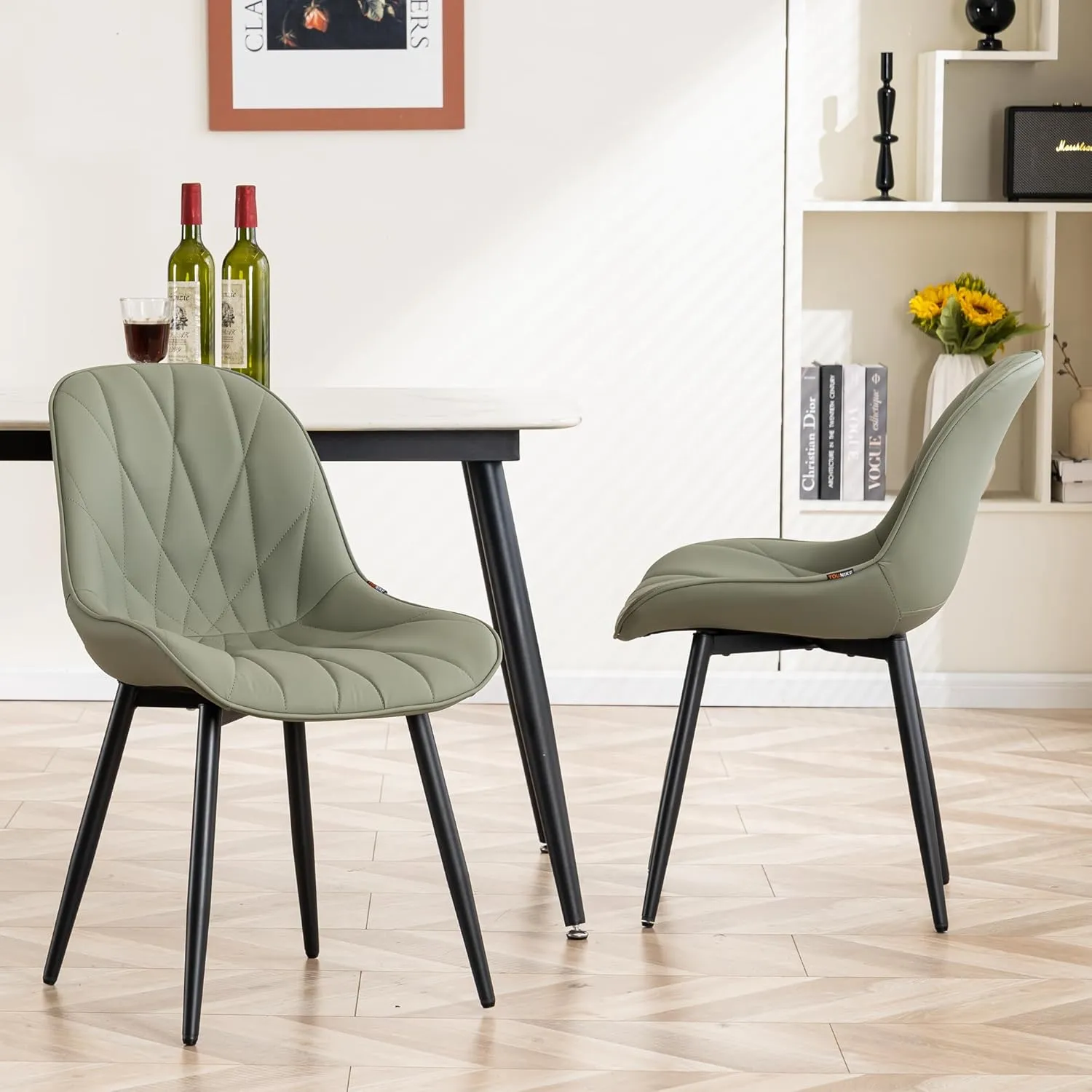 YOUNIKE Dining Chairs Set of 2, Olive Green Comfy Padded Kitchen Chairs, Armless Modern Faux Leather Upholstered Dining Room Chairs, Easy to Clean