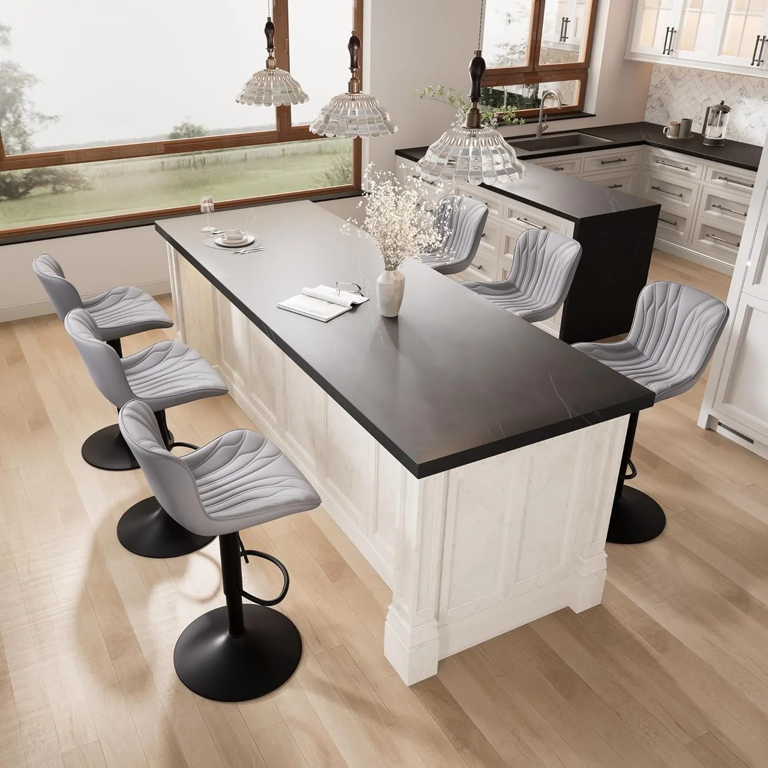 YOUNIKE Single Grey Bar Stools Modern Swivel Counter Height Bar Chair with Back Adjustable Kitchen Island Faux Leather Padded Barstools taburetes de bar Breakfast sillas para barra de cocina 1PCS
