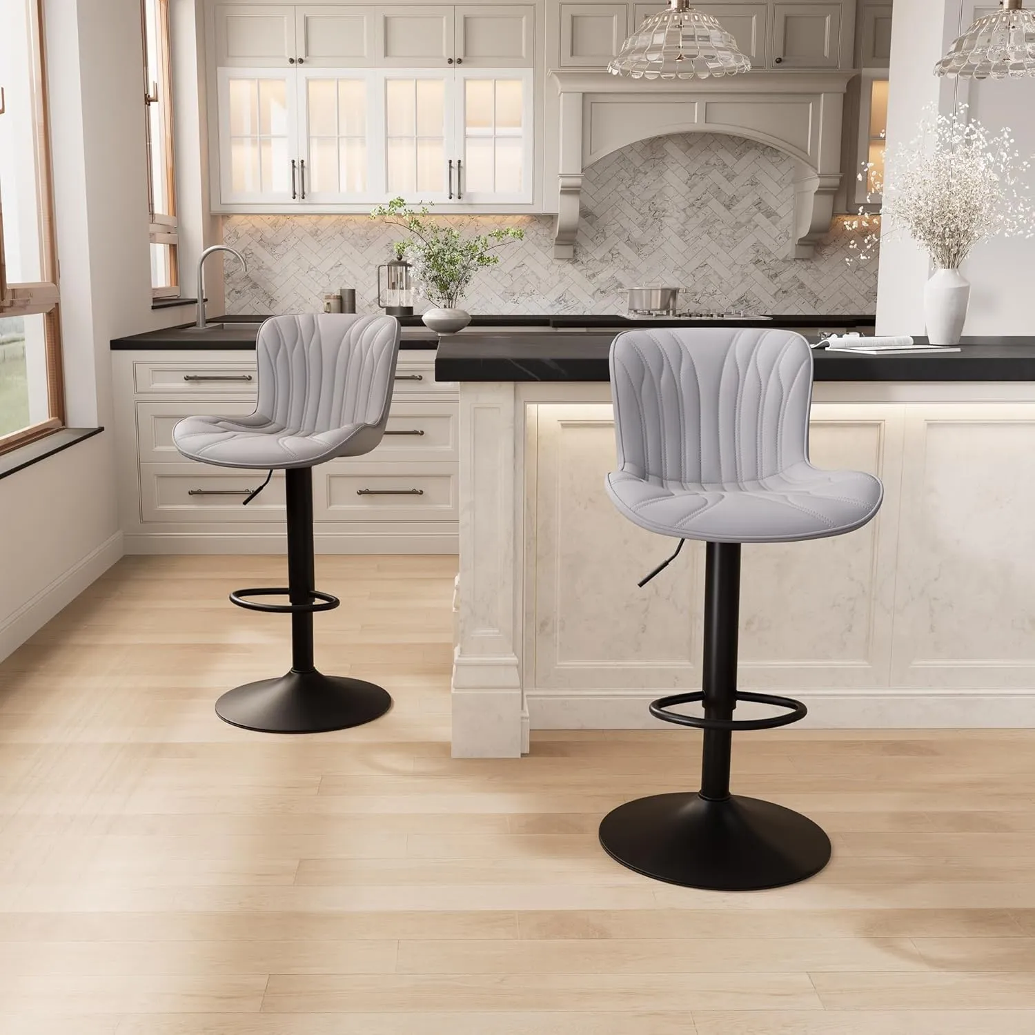 YOUNIKE Single Grey Bar Stools Modern Swivel Counter Height Bar Chair with Back Adjustable Kitchen Island Faux Leather Padded Barstools taburetes de bar Breakfast sillas para barra de cocina 1PCS