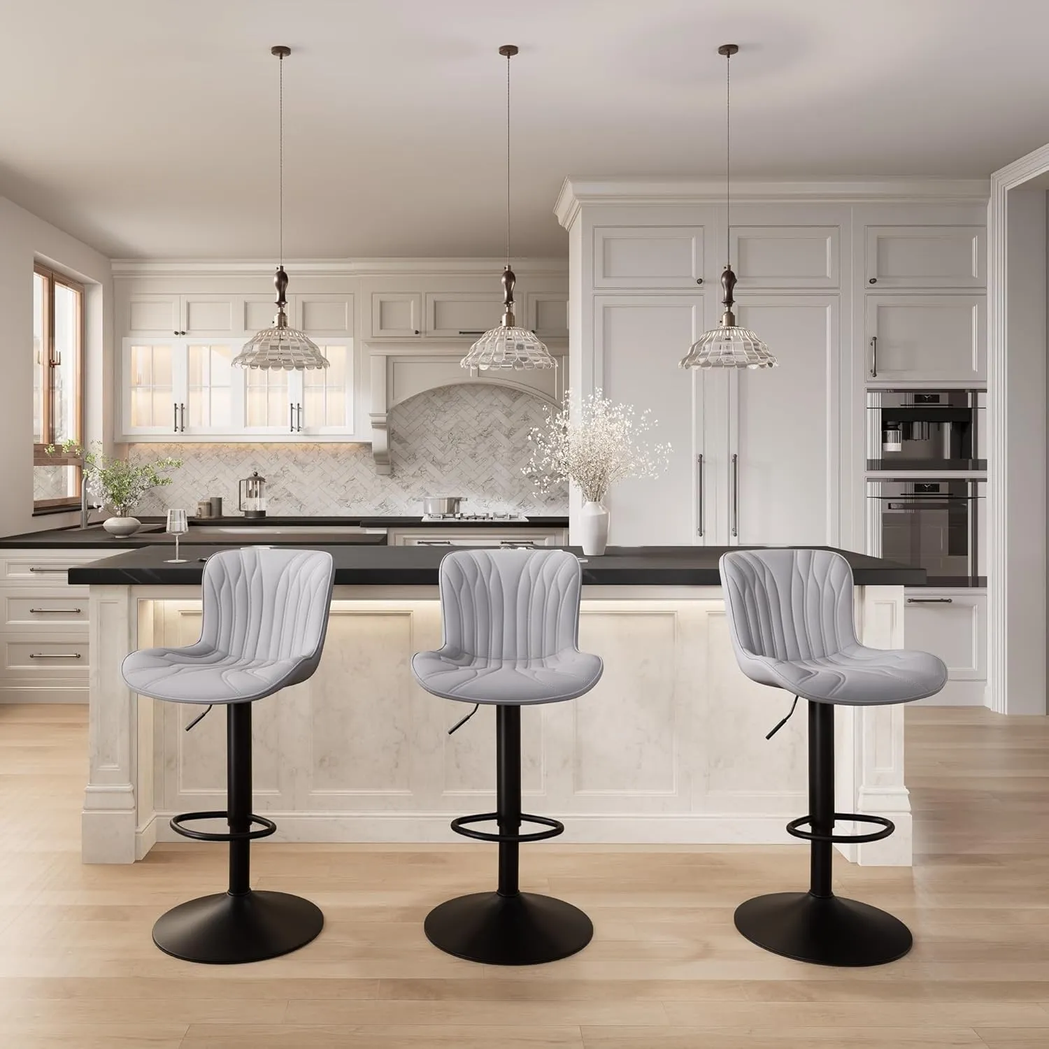 YOUNIKE Single Grey Bar Stools Modern Swivel Counter Height Bar Chair with Back Adjustable Kitchen Island Faux Leather Padded Barstools taburetes de bar Breakfast sillas para barra de cocina 1PCS