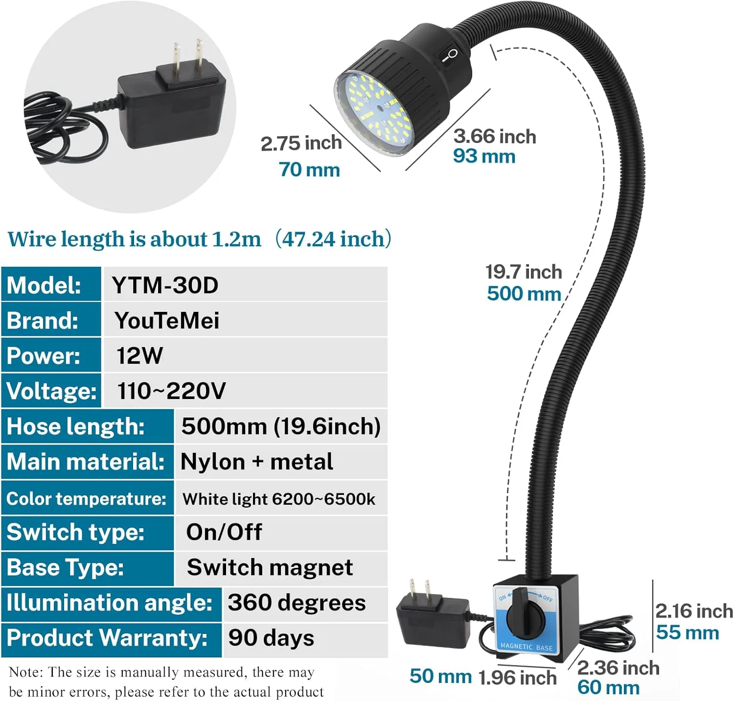 Youtemei Lathe Led Work Light Magnetic Waterproofinggooseneck Lamp Mechanic Lightwork Lights 1200 Lumens (ytm-30d-magnetic)