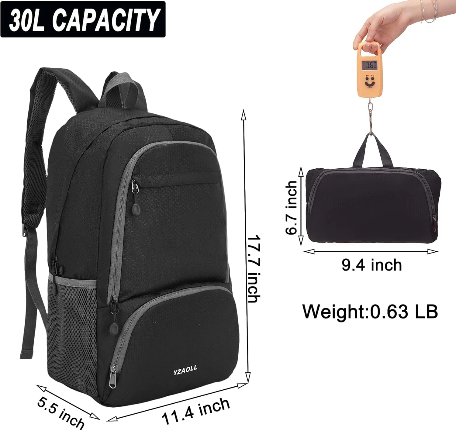 YZAOLL 30L Lightweight Packable Travel Hiking Backpack Daypack Foldable Backpack Water Resistant Daypack for Women Men