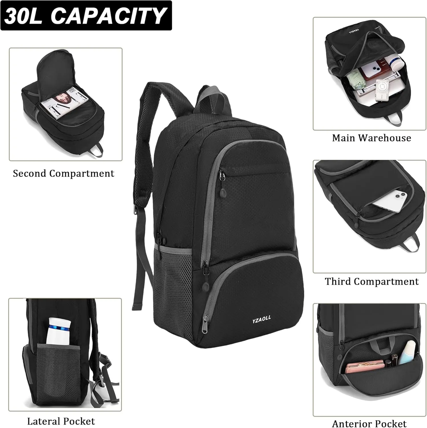 YZAOLL 30L Lightweight Packable Travel Hiking Backpack Daypack Foldable Backpack Water Resistant Daypack for Women Men