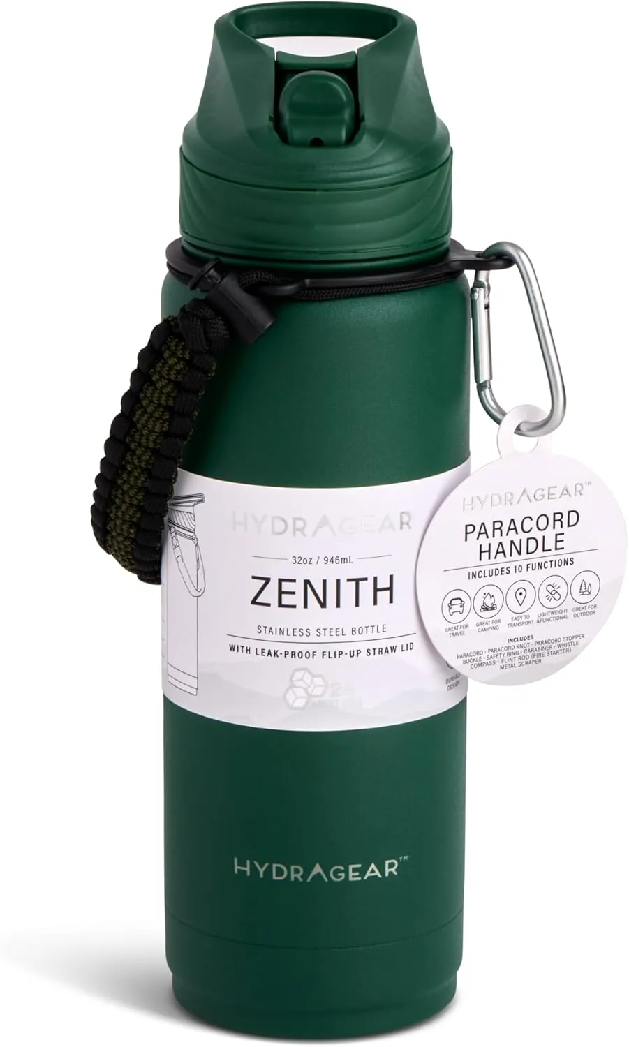 Zenith Straw Stainless Steel Bottle with Carabiner, Compass, Signal Whistle, and Fire Starter - 32 Oz - Green Powder Coat
