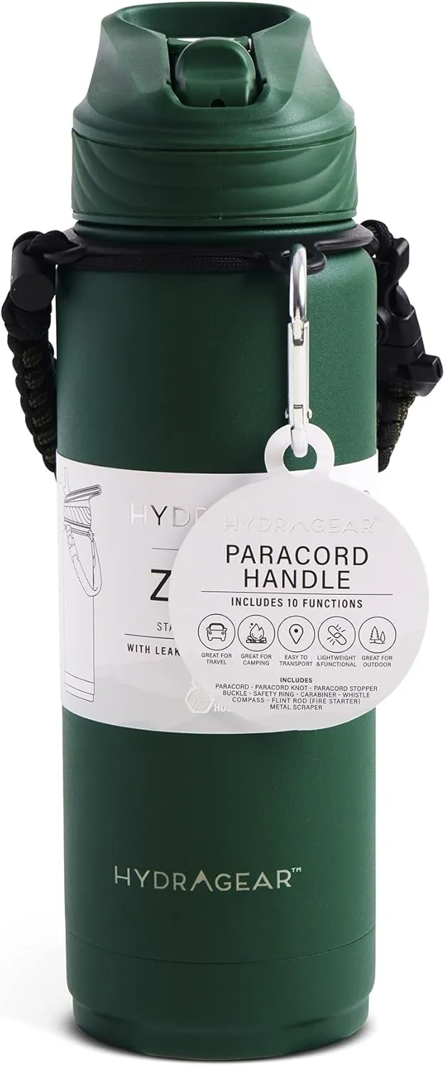 Zenith Straw Stainless Steel Bottle with Carabiner, Compass, Signal Whistle, and Fire Starter - 32 Oz - Green Powder Coat